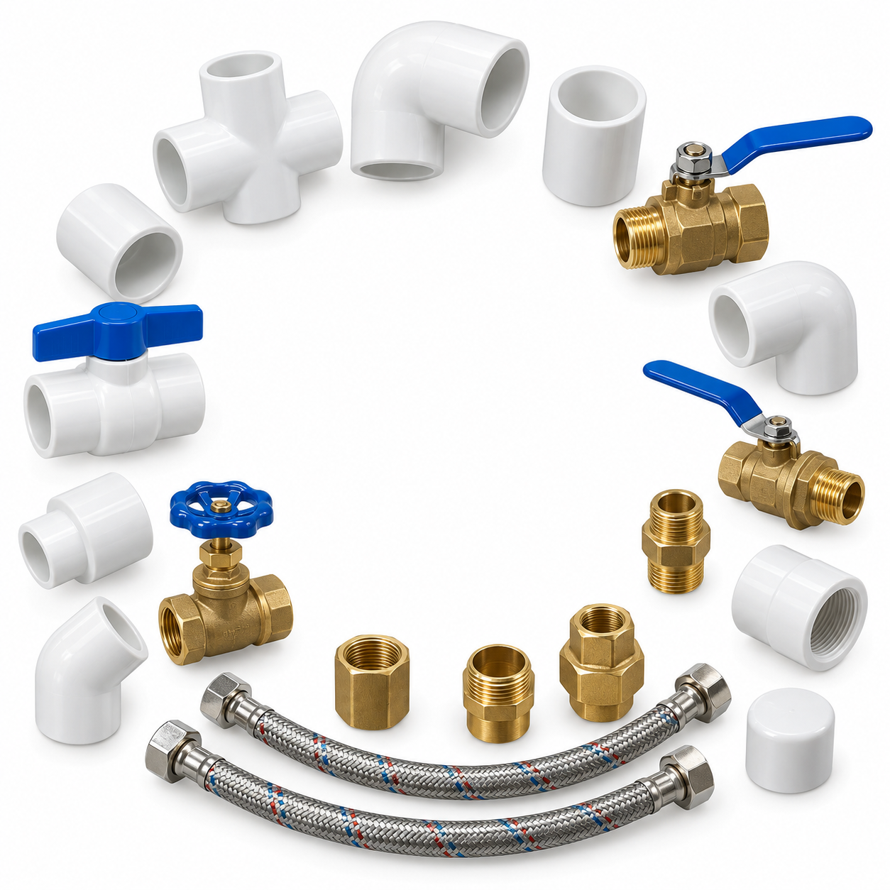 PVC and brass valves, pipe fittings and braided hoses — category illustration